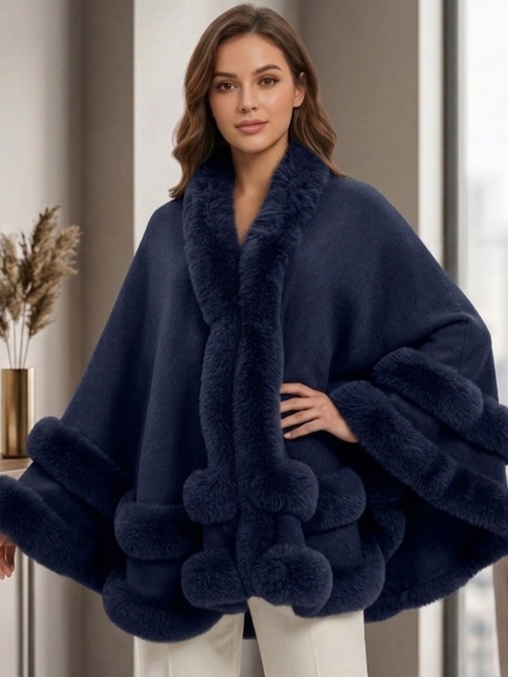 Luxury Navy Faux-Fur Trim Cape Sweater - Women's Sweater